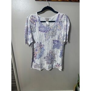 Chicos Floral Paisley Pointelle Knit Top White Purple Linen Blend Size 3 XL